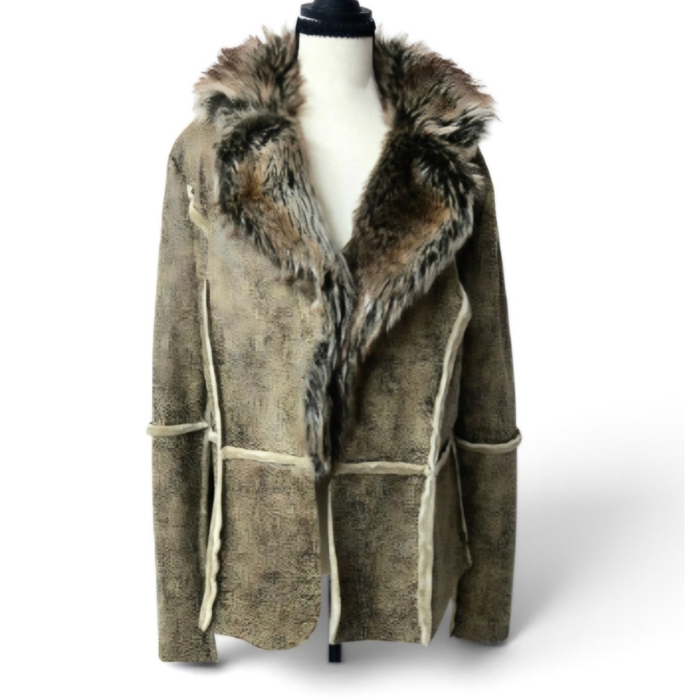 Allen B by Allen Schwartz Faux Fur Shearling Jacket Distressed Brown XL Boho